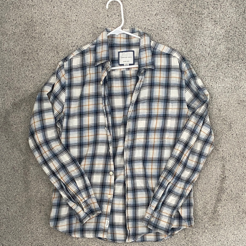 American Eagle Men's Casual Plaid Shirt - Navy, White, and Orange